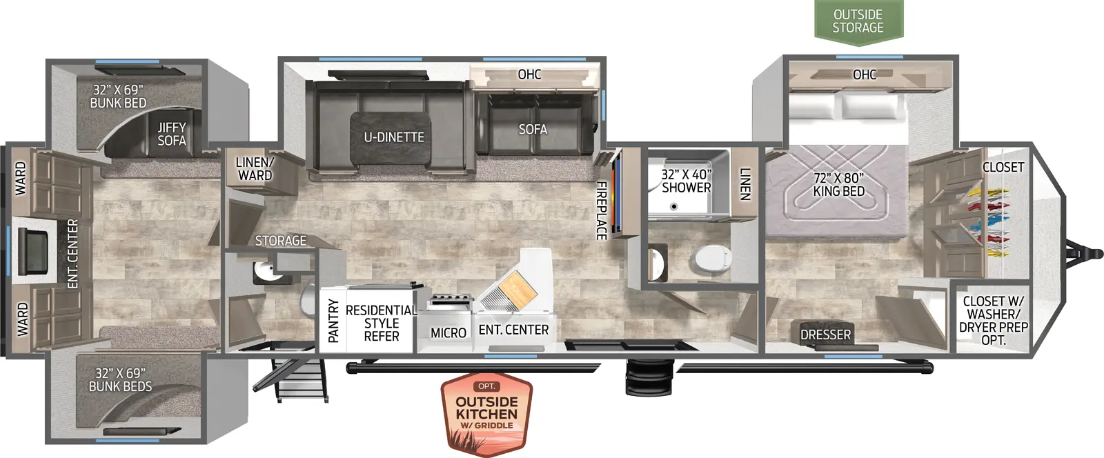 The Puma Destination 39PQB floorplan has two entries and four slide outs. Exterior features include: metal exterior and 21' awning. Interiors features include: bunk beds, u-dinette, front bedroom and bathroom and a half.